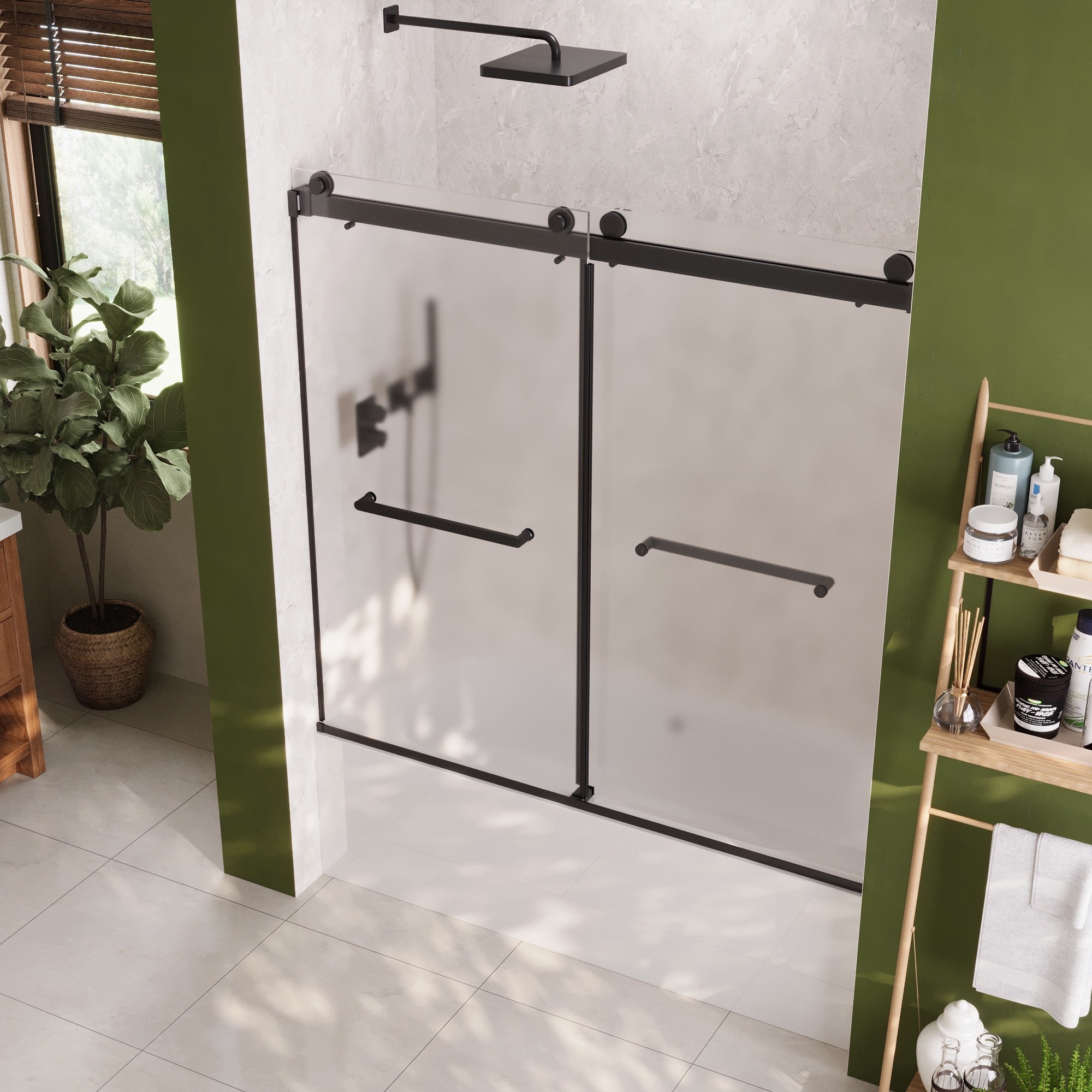 57-59 in. W x 59 in. H Double Sliding Frameless Bathtub Door in Matte Black with 3/8 in. (10 mm) Frosted Glass