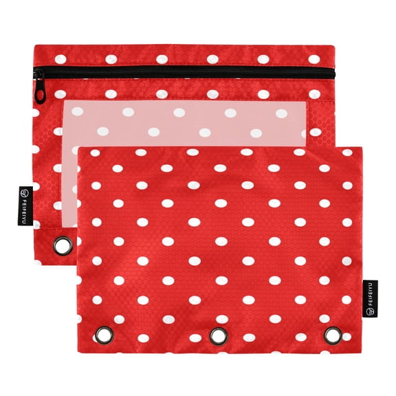 2 Pack 3 Ring Binder Pouch with Clear PVC Window Water Resistant Zipper Pencil Pouch Red White Mini Polka Dot Binder Pocket for Classroom Office Home Stationery Organization