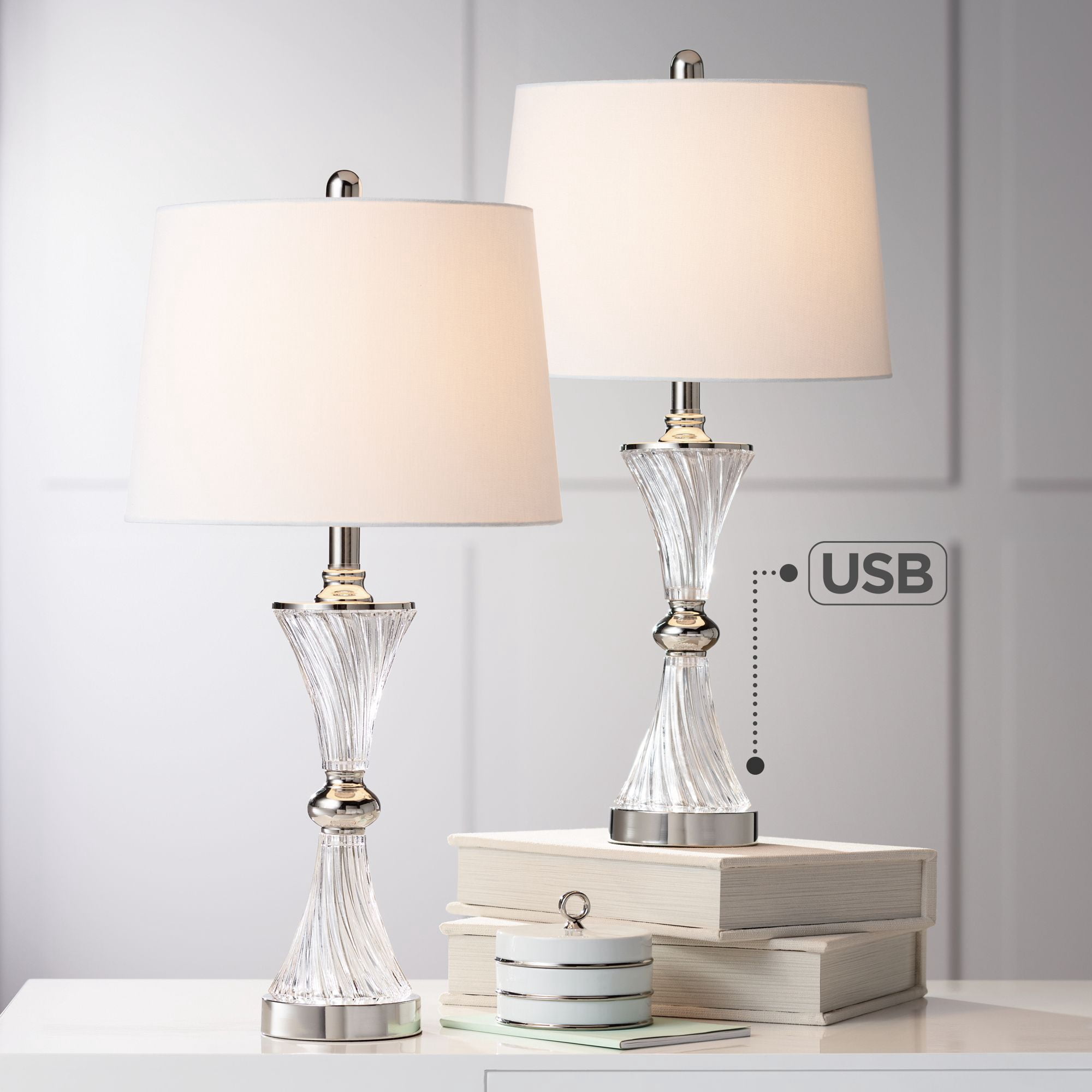 Regency Hill Luca Modern Table Lamps 25 1/2" High Set of 2 Twisted Glass with USB Charging Port White Drum Shade for Bedroom Living Room Office Desk