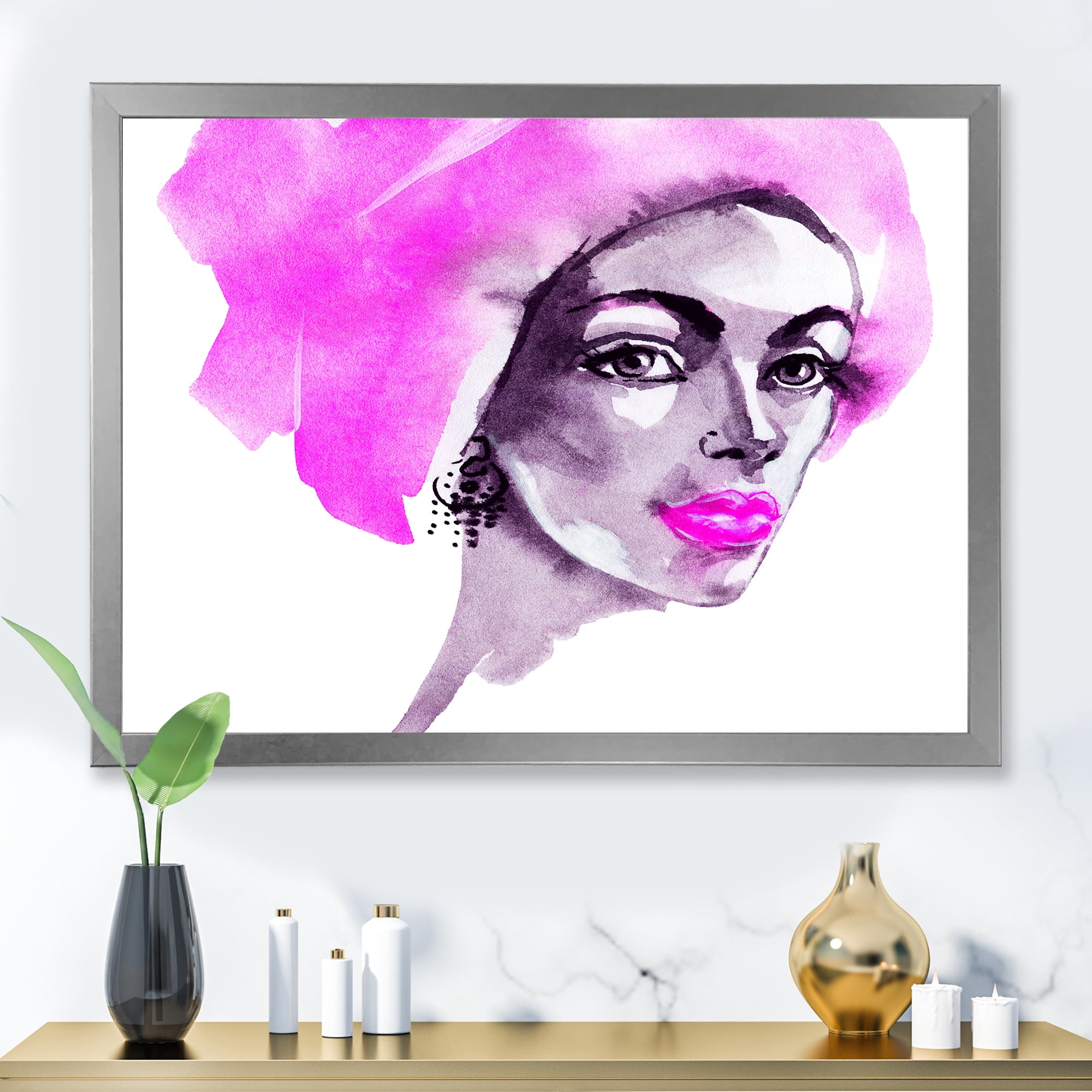 Designart 'Afro American Pink Woman Fashion Portrait' Modern Framed Art Print