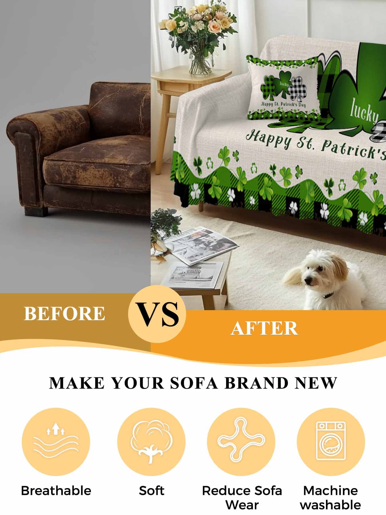 St. Patrick's Day Couch Cover, Green and Black Checkered Lucky Sofa Cover Blanket for 2 Seat Cushion, Sectional Sofa Slipcover Furniture Protector for Living Room Bedroom 71''x102''