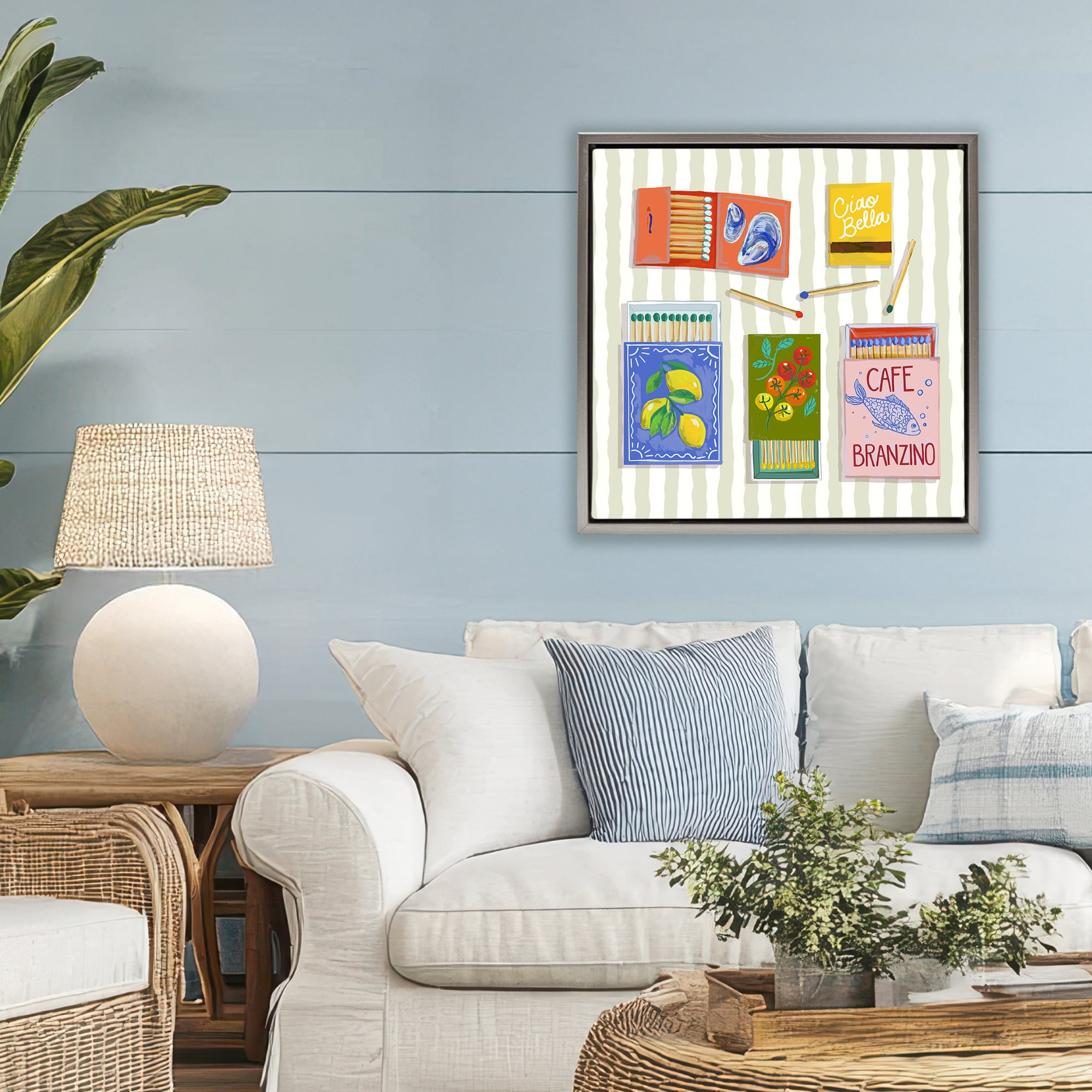 Stupell Industries Ciao Bella Seaside Matchboxes Gray Framed Floater Canvas Wall Art, design by Rachel Nerney