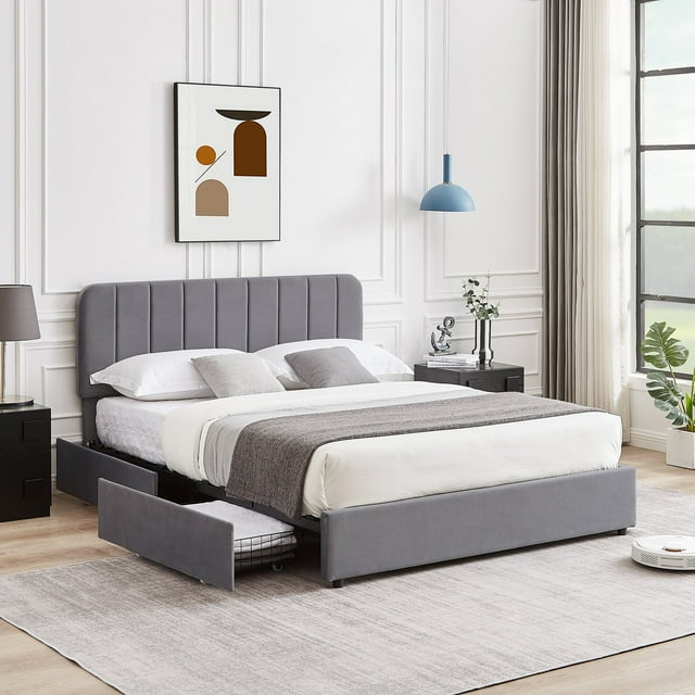VECELO Full Upholstered Platform Bed Frame with 4 Storage Drawers and Adjustable Headboard, Wooden Slats Support, No Box Spring Needed, Dark Gray