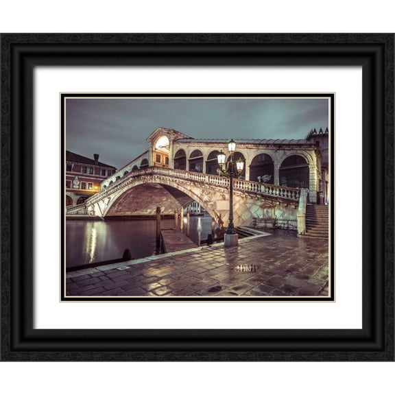 Frank, Assaf 18x15 Black Ornate Wood Framed with Double Matting Museum Art Print Titled - Rialto Bridge at night, Venice, Italy, FTBR-1890