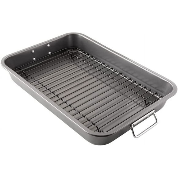 Chef Pomodoro Nonstick Carbon Steel Roasting Pan Roaster with Flat Rack, 16 x 11-Inch, Large, Grey, Bakeware Rectangular Oven BBQ Baking