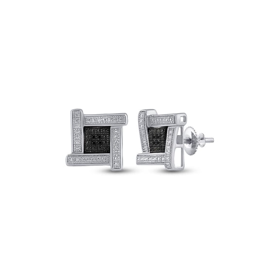 Sterling Silver Mens Round Black Color Enhanced Diamond Square Earrings .03 Cttw
