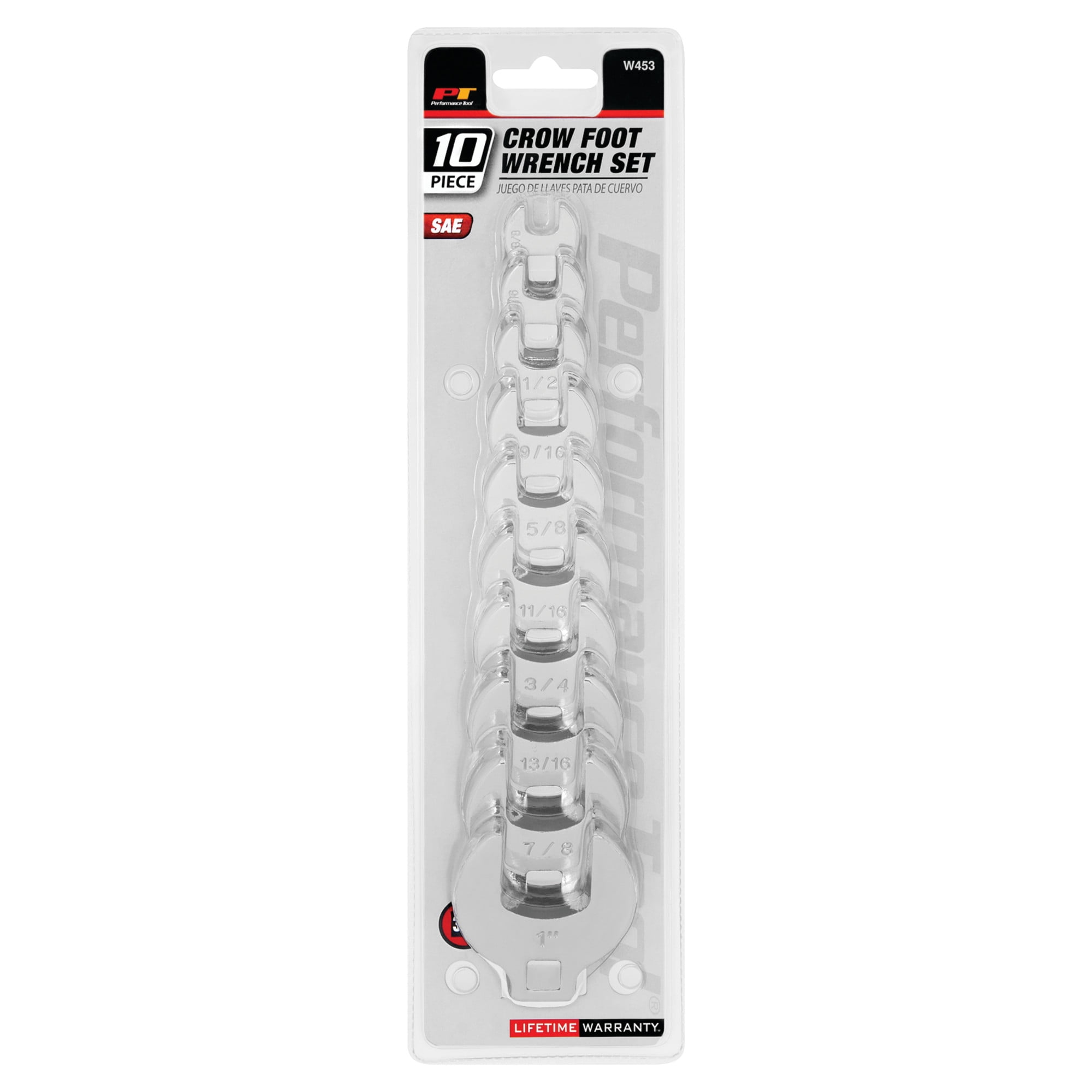 Performance Tool W453 10-Piece SAE Open End Crowfoot Wrench Set