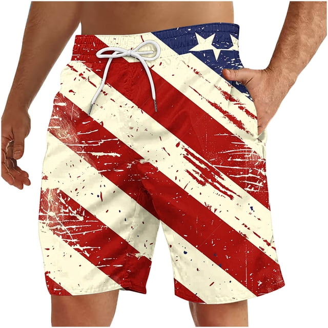 Pantalones Cortos Deportivos para Hombre, Pantalones Cortos de Playa con Cordón Impreso para el Día de la Independencia con Bolsillo Hechos de 95% Poliéster 5% Spandex, Pantalones Cortos Deportivos Pa