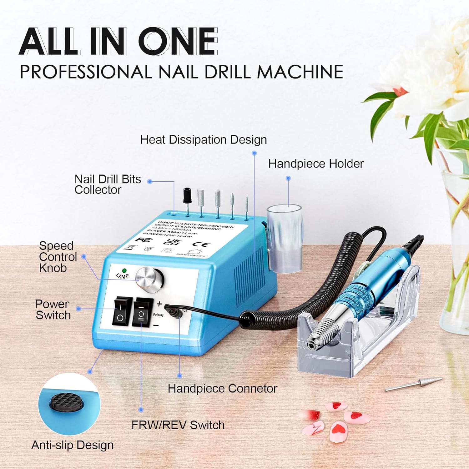 Professional Electric Nail Drill Kit, 30000 RPM Manicure Pedicure Machine with 6 Bits & 100 Sanding Bands, Dark blue