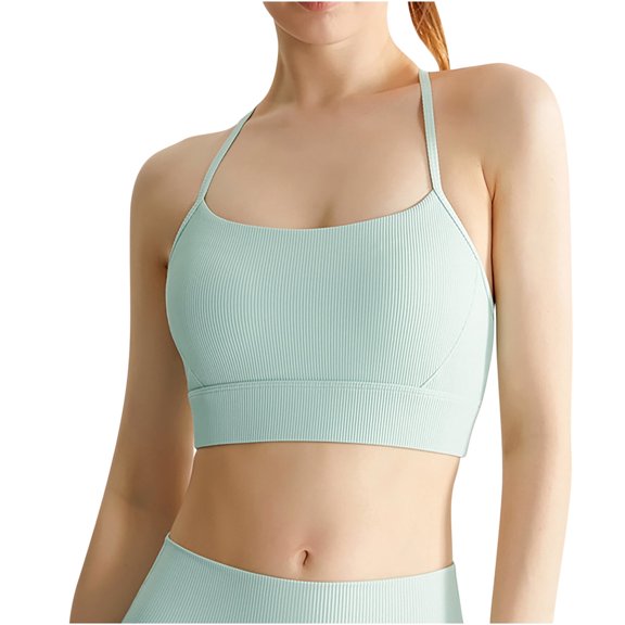 USNSM Women's Ribbed Sports Bra with Spaghetti Straps Cutout Back Corset Bra Wireless Gathered Cup Bra Mint Green XL