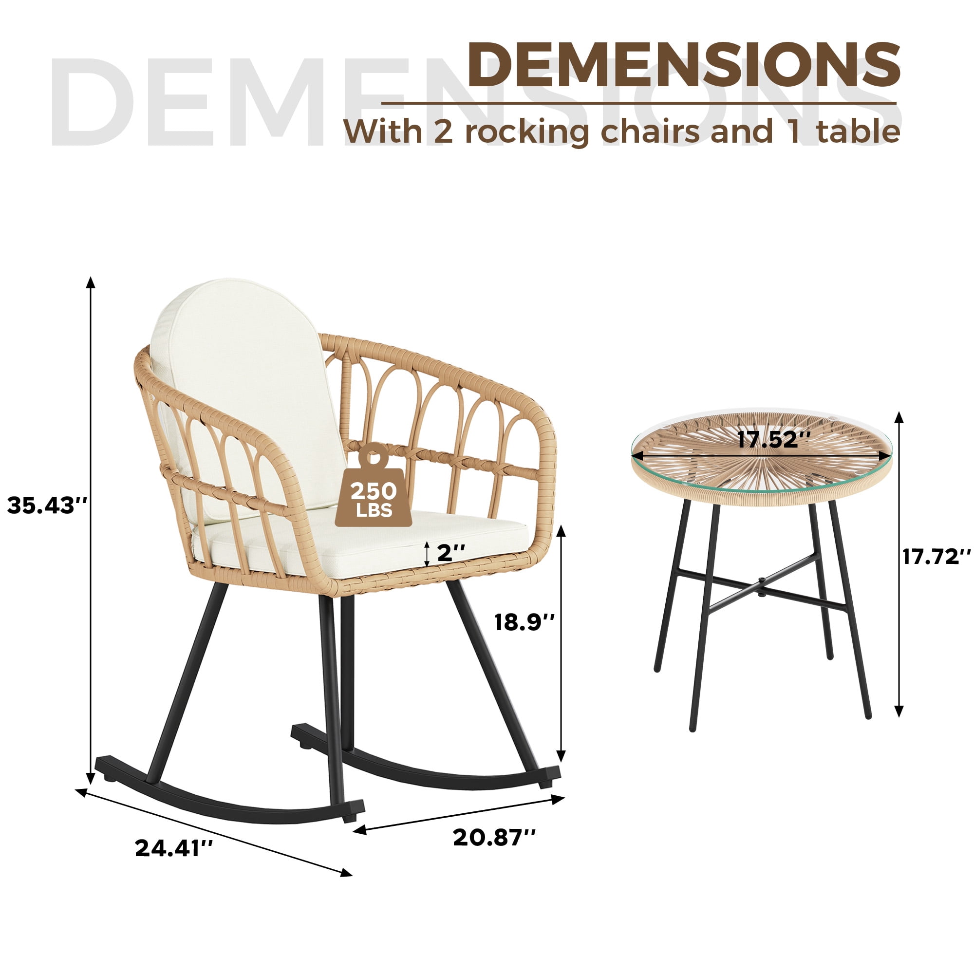 LAZZO 3-Piece Patio Conversation Set, Outdoor Wicker Rocking Chair Set with Cushions and Table, Beige