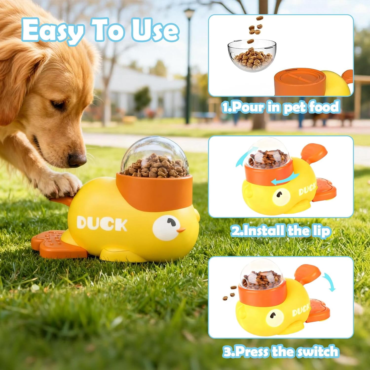 ABPETE 2 in 1 Dog Interactive Treat Dispenser Toy,Durable Food Puzzle Slow Feeder, Duck Shape Enrichment Toys with Button, Mentally Stimulating Toys for Dogs,Cats,Pets.