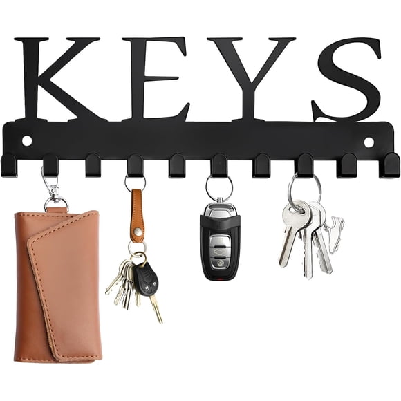 RELBRO Key Holder Wall Mount, Wall Decorative Metal Self Adhesive Key Hanger with 10 Key Hooks, 2 Installation Options, Black