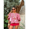 thumbnail image 4 of Chemise à Manches Courtes Bouffantes pour Femmes, Col Rond Élégant, Imprimé Rayé Rose, Hauts Courts, Nouvelle Mode 2025, 4 of 5