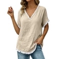 thumbnail image 7 of TGSLY Women's Fringe Trim Linen Tops Lightweight Soft V Neck Short Dolman Sleeve Blouses Loose Fit Dressy Casual Solid Color Tshirts S, 7 of 7