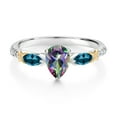 thumbnail image 2 of Gem Stone King 925 Silver 10K Yellow Gold Pear Shape Green Mystic Topaz London Blue Topaz and White Lab Grown Diamond Engagement Ring for Women (1.35 Cttw, Gemstone November Birthstone, Size 9), 2 of 3