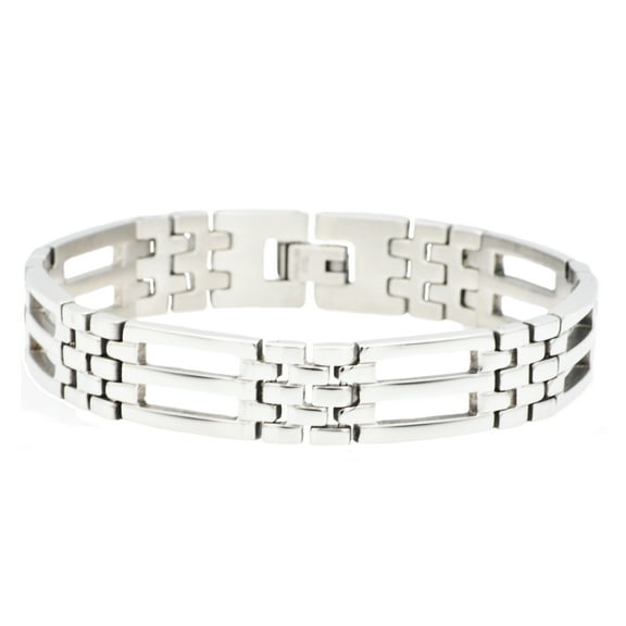 Arista Men's Classic Three Row Link Bracelet in Plain Solid Stainless Steel, 8.5"