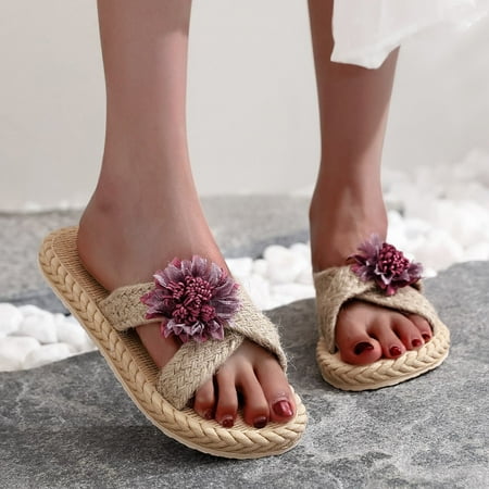 

Slippers For Women Spring And Summer Imitation Straw Woven Women Flat Sandals And Flip Flops Sunflower Beach Slippers Womens Slippers