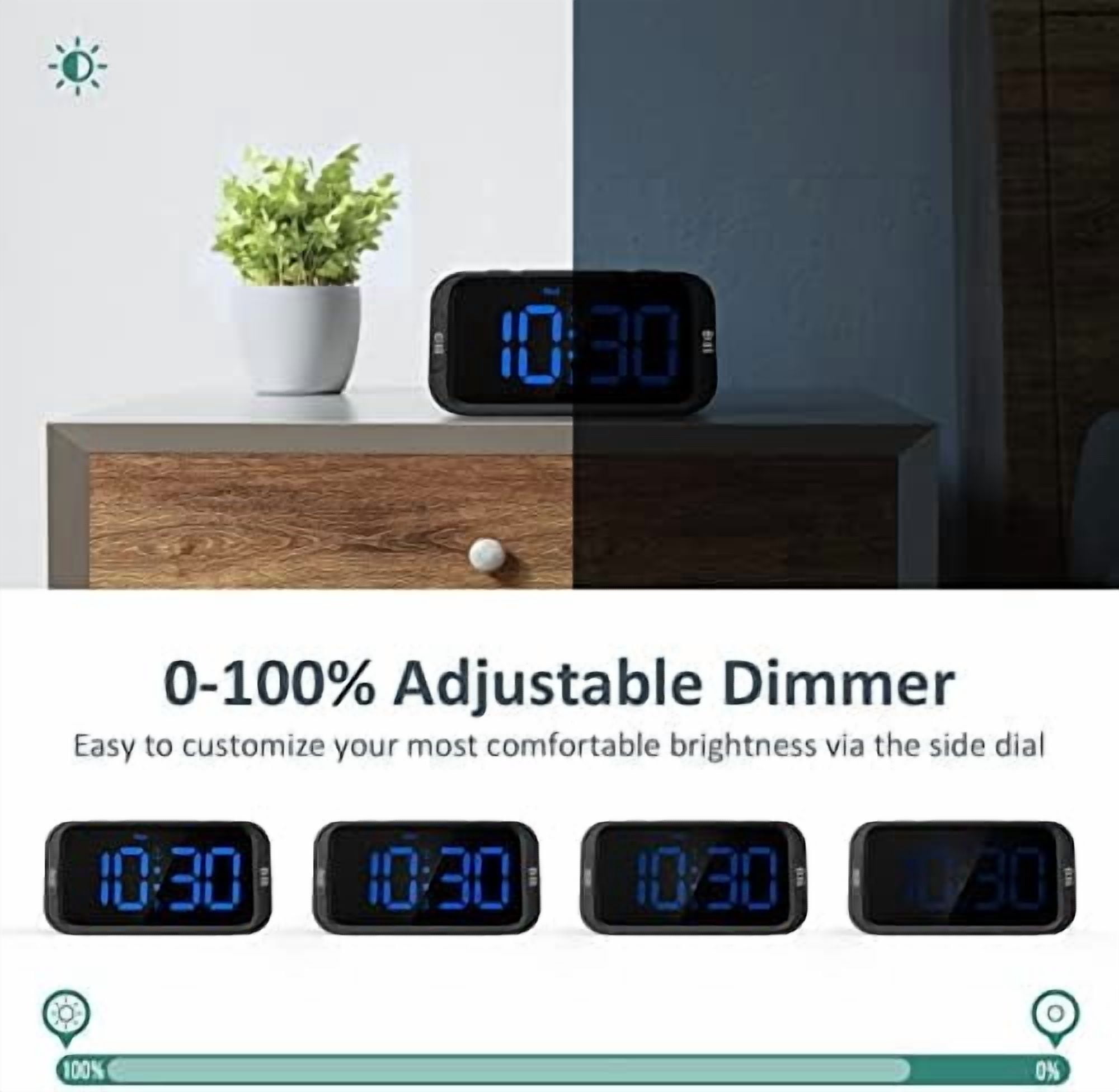 Digital Dual Alarm Clock for Bedroom, Easy to Set, 0-100% Dimmer, USB Charger, 5 Sounds Adjustable Volume, Weekday/Weekend Mode, Snooze, 12/24Hr, Battery Backup, Compact for Bedside(Blue)