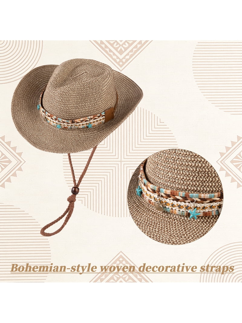 Straw Cowboy Hat with Interchangeable Bands, Wide Brim, Adjustable COOPLUS Cowboy Hat for Women Adjustable Wide Brim Boho  main image 4