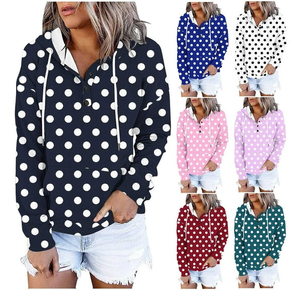 Brondbend Woman Hoodies Hooded Sweatshirt Women Long Sleeved Drawstring Pocket Button Pullover Polka Dot Print Comfortable Plus Size Tops Ladies Festival Fall Winter Wear Black