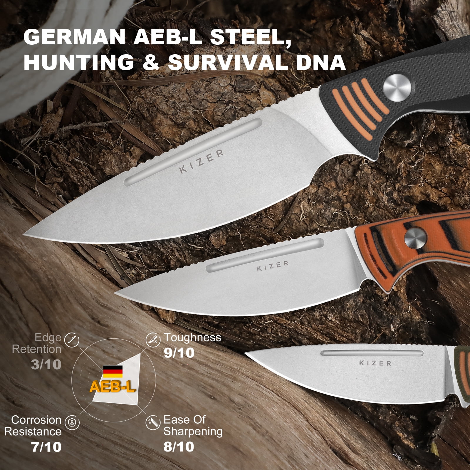 Kizer Ewanki 1 Fixed Knife AEB-L Drop Point Blade  Orange & Green G10 Handle With Sheath 1097A1