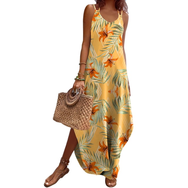 Vestido de playa Zeagoo Summer para mujer con estampado tropical amarillo L