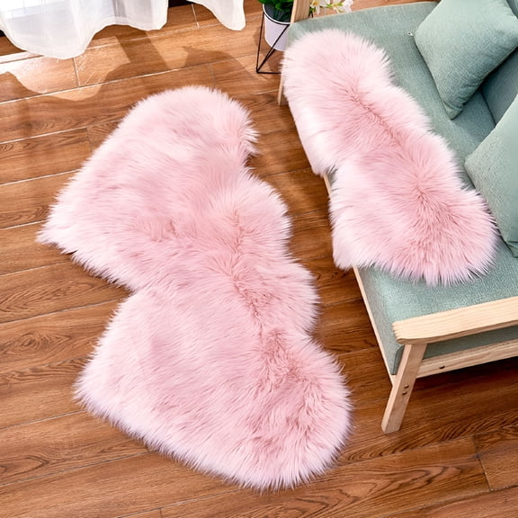 LAMIRO Ultra Soft Plush Fluffy Area Rug Double-Heart Shape Faux Fur Sheepskin Floor Carpet