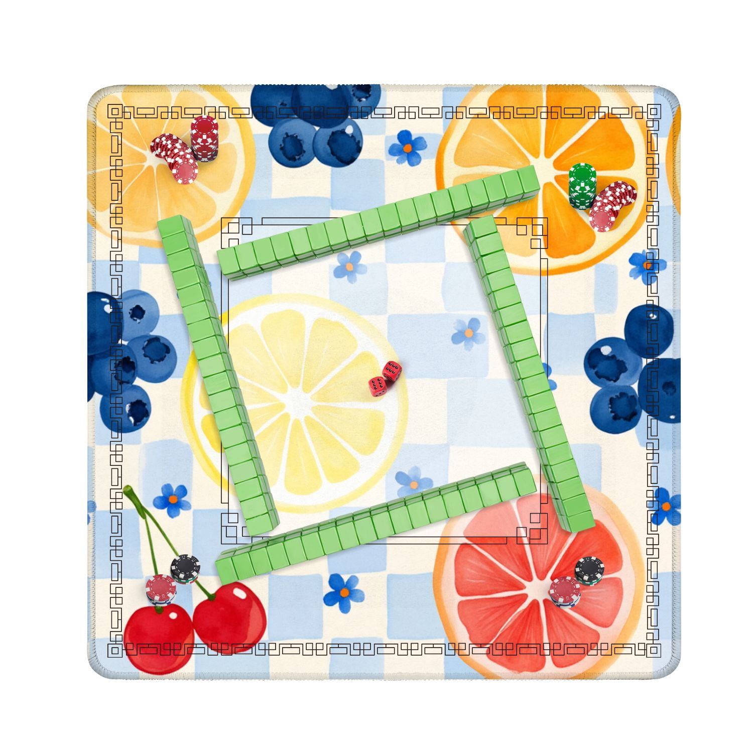 Mahjong Mat 31.5" x 31.5" Colorful Fruit Checkered Citrus Berries Non-Slip Noise Reduction American Mahjong Tiles Table Cover for Dominoes Poker Card Board Games Gift