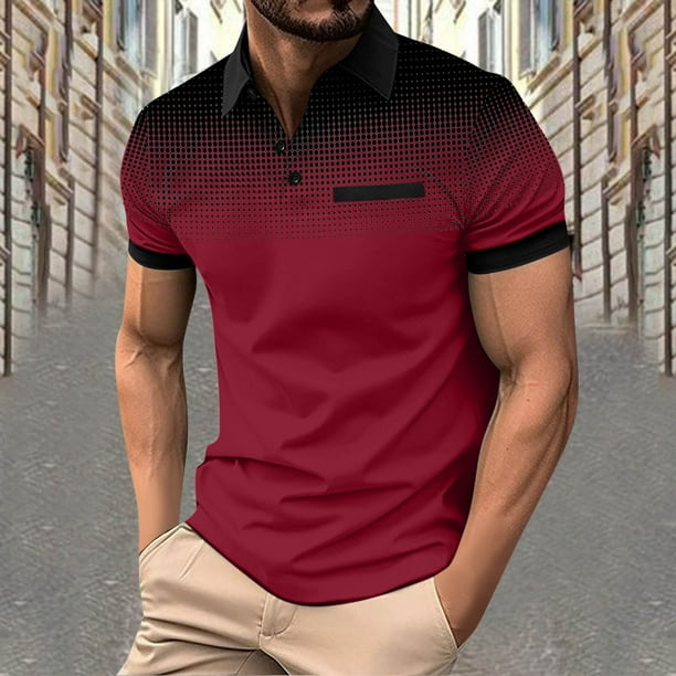 Blusa y camisa de manga corta con cuello vuelto para hombre, con solapa degradada de lunares y botones, deportiva, de poliéster