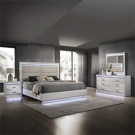 Glam Modern Upholstered LED King 4PC Bedroom Set Made With Wood in White