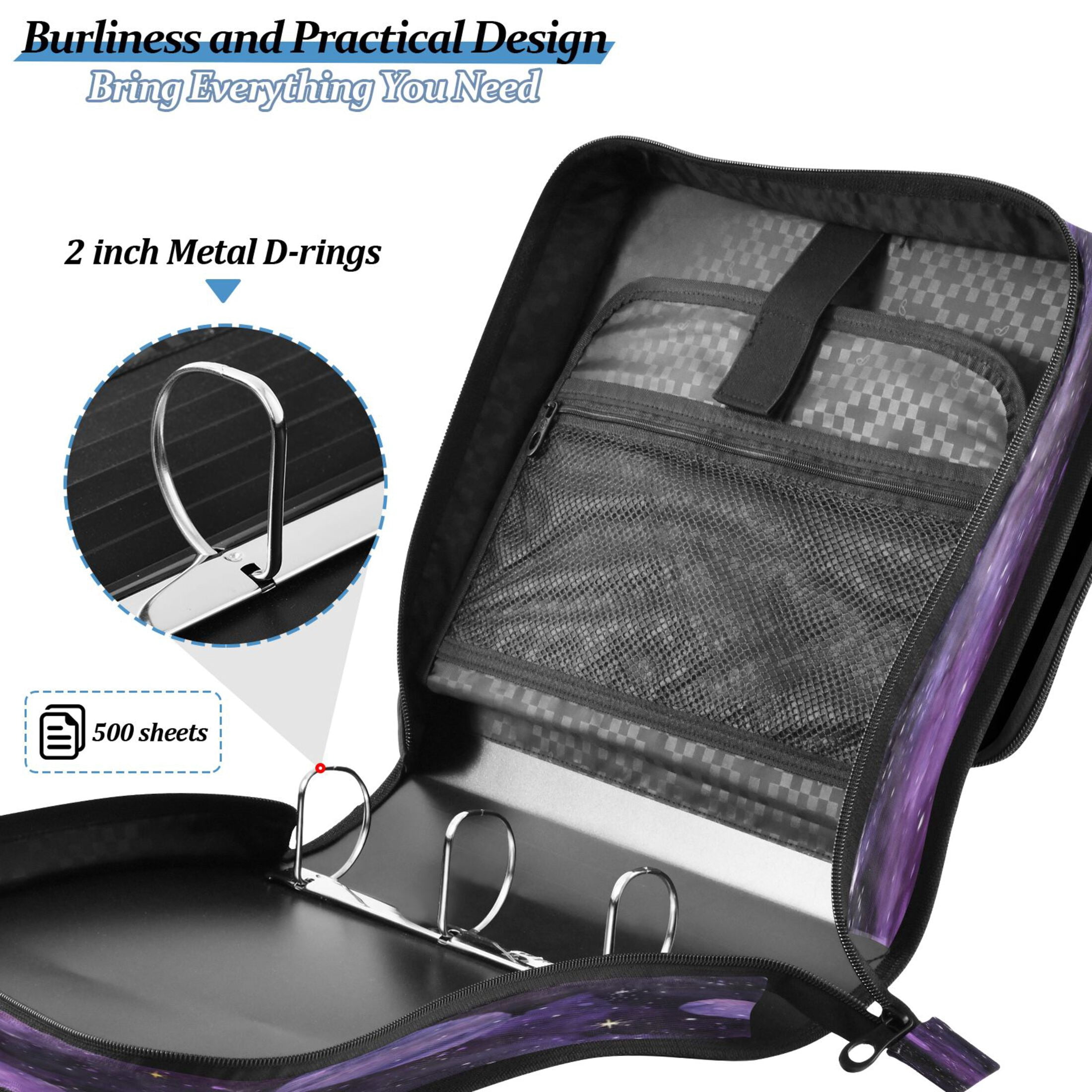 3 Ring Zipper Binder Stationery Organizer for Study Work Home Travel, All-Purpose File Folder Storage Bag for Daily Document Organization Purple Galaxy Cosmic Whispers
