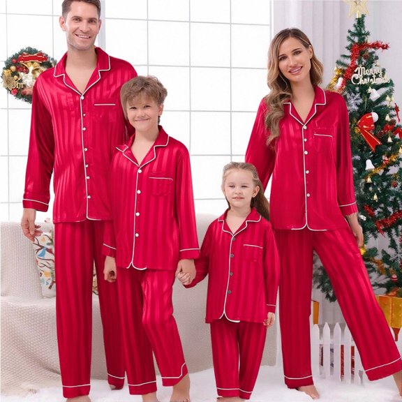 Christmas Pjs for Family Silk Pajamas Long Sleeve Button-Down Loungewear Set Family Christmas Outfits