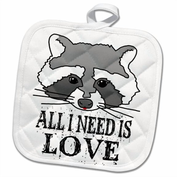 3dRose, Funny raccoon face. All I need is love on white background, 8x8 Potholder
