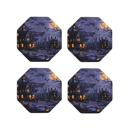 

Tebeau Mystery House Halloween Night Print Set of 4 Leather Drink Coasters Round Cup Mat Pad for Home and Kitchen Use 4 -Octagon