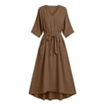 thumbnail image 4 of Lmueinov Women's 100% Polyester V Neck 3/4 Sleeve Maxi Dress, Adjustable Tie Waist Flowy A-Line Long Dress with Pockets for Beach Vacation Casual Wear S-3XL, 4 of 5