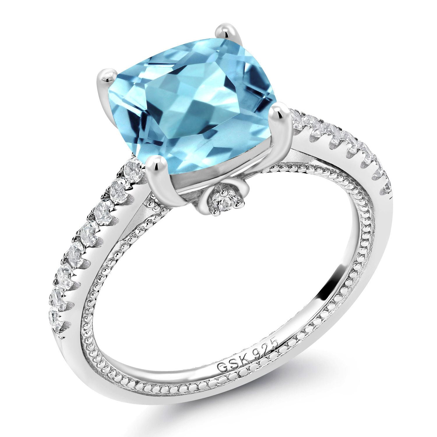 Gem Stone King 4.52 Cttw Sky Blue Topaz and White Created Sapphire Engagement Ring for Women | 925 Sterling Silver | Cushion 10MM | Wedding Engagement Anniversary Promise Ring for Women| Size 9