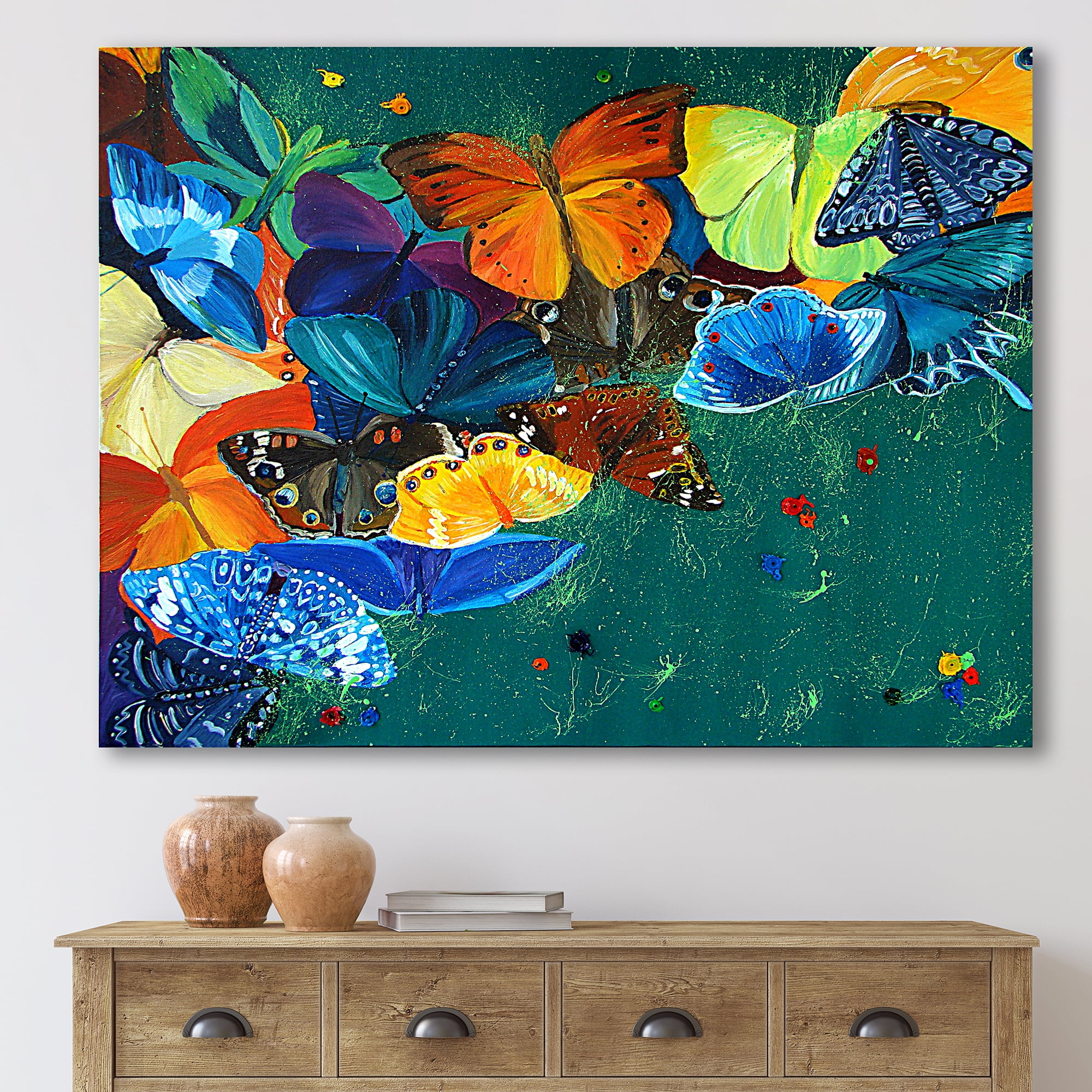 Designart ' Abstract Colour Butterflies On A Gree ' Modern Canvas Wall Art Print