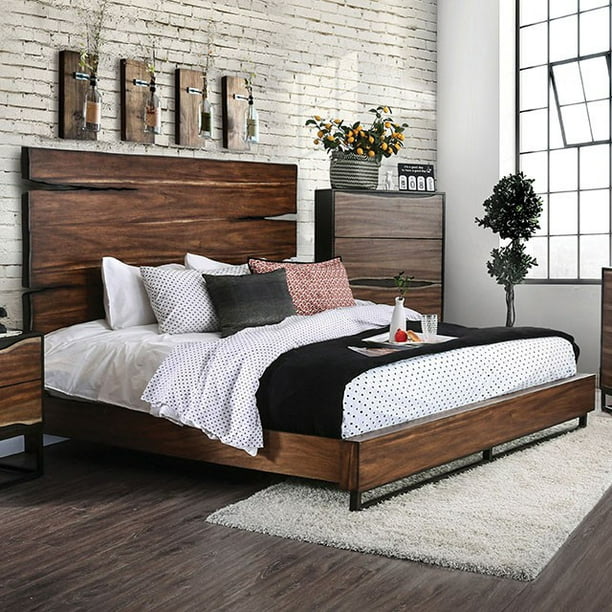 Contemporary Dark Walnut Finish Bedroom, Dark Wood King Sleigh Bed