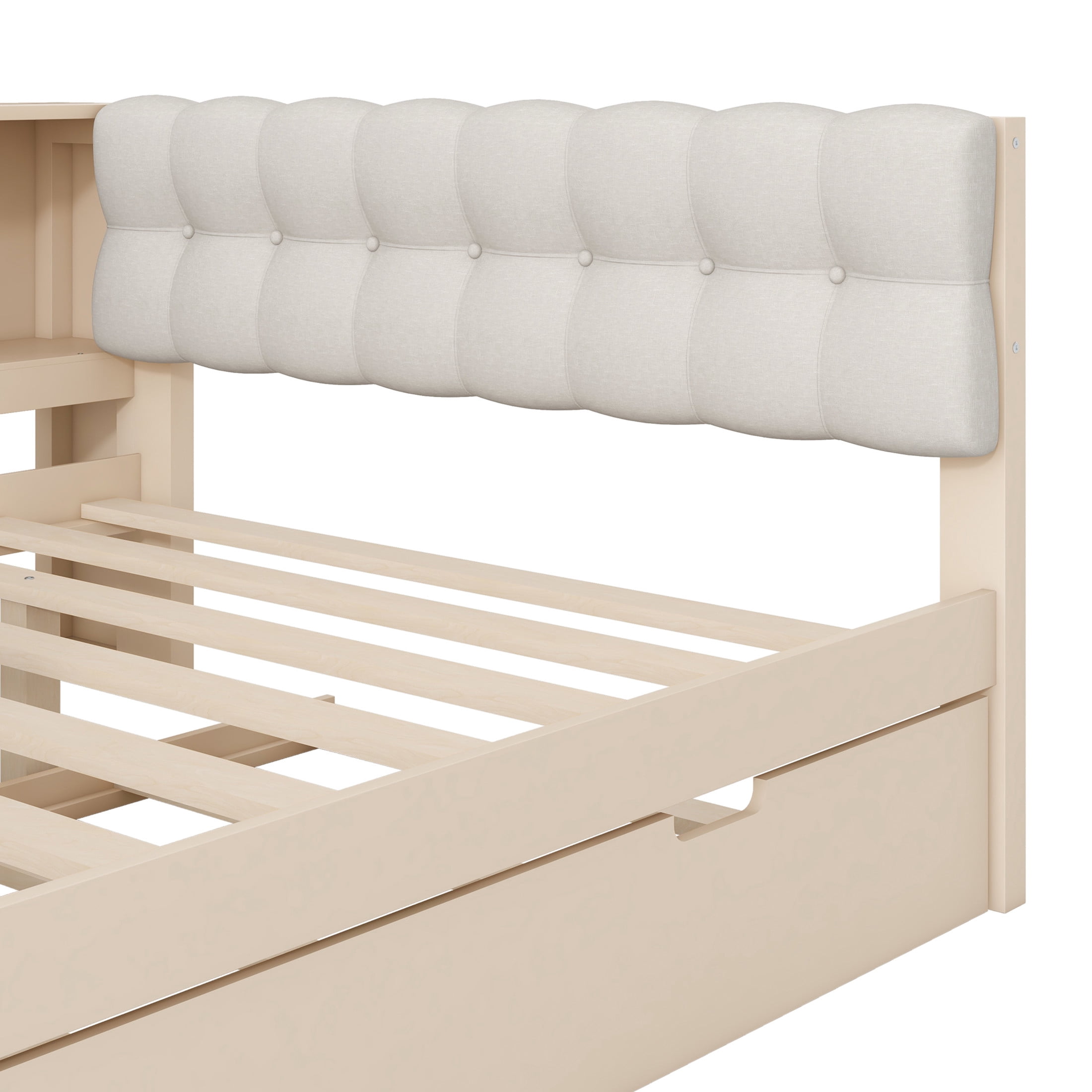 Noble House Full Wooden Platform Bed, Upholstered Headboard, Storage Shelves, Charging Station and Trundle, Cream