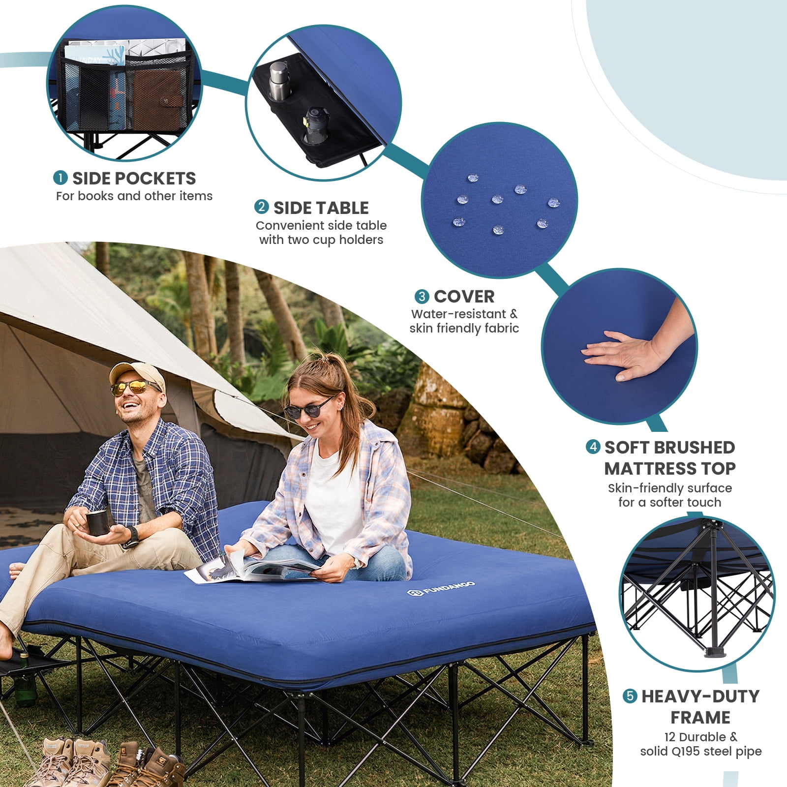 FUNDANGO 2 Person Oversized Folding Camping Cot with Air Matress, Double Outdoor Foldable Bed Cot Support 660lbs, Brushed Microfiber Queen Camping Bed for Adults with Side Table, Navy Blue