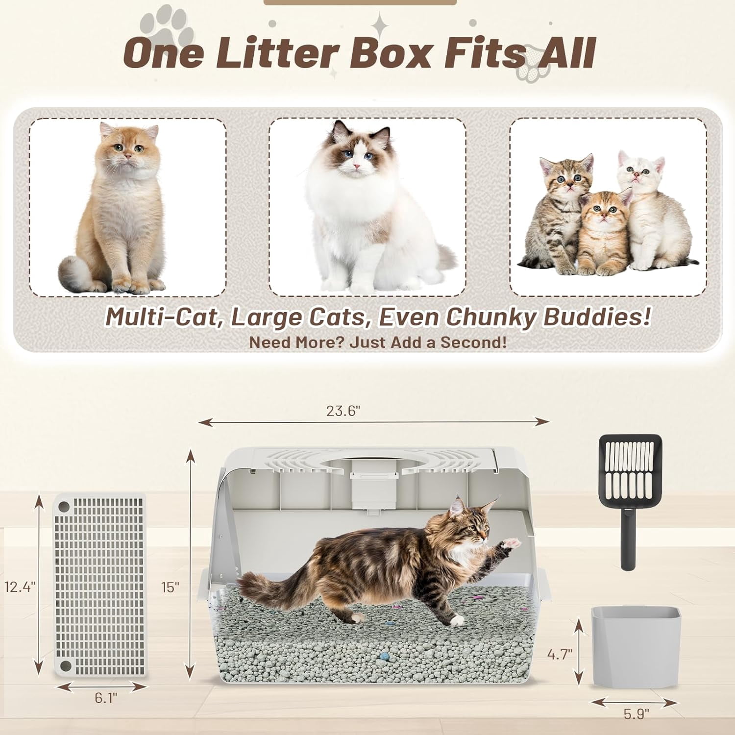 YODOLLA Extra Large Enclosed Stainless Steel Cat Litter Box with Lid, Front Dual-Door and Top Exit Metal Kitty Pan Box for Big Cats, w/ Litter Scoop, Box Step, Waste Bin & Trash Bags in White