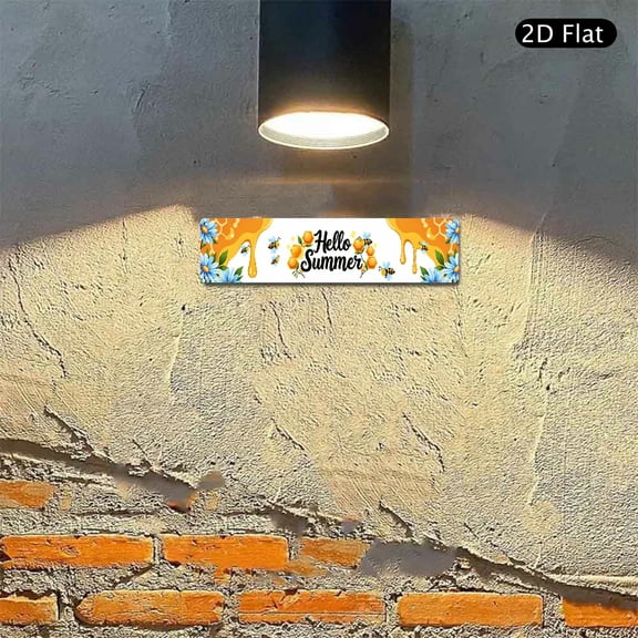 4x16 Inch Aluminum Sign, Hello Summer Honeycomb and Bee Pattern Metal Wall Art 1pc for Seasonal Home Kitchen and Garden Decoration