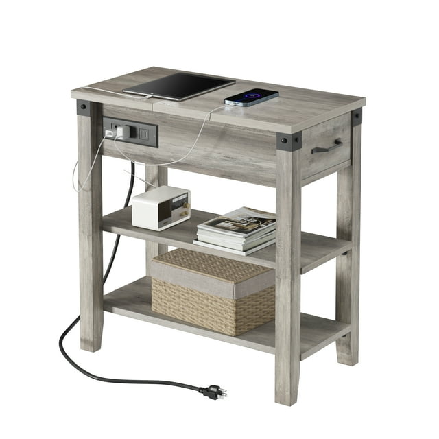 Rustic Grey 3-Tier Narrow End Table with Drawer & Charging Station - Farmhouse Bedside Nightstand for Bedroom