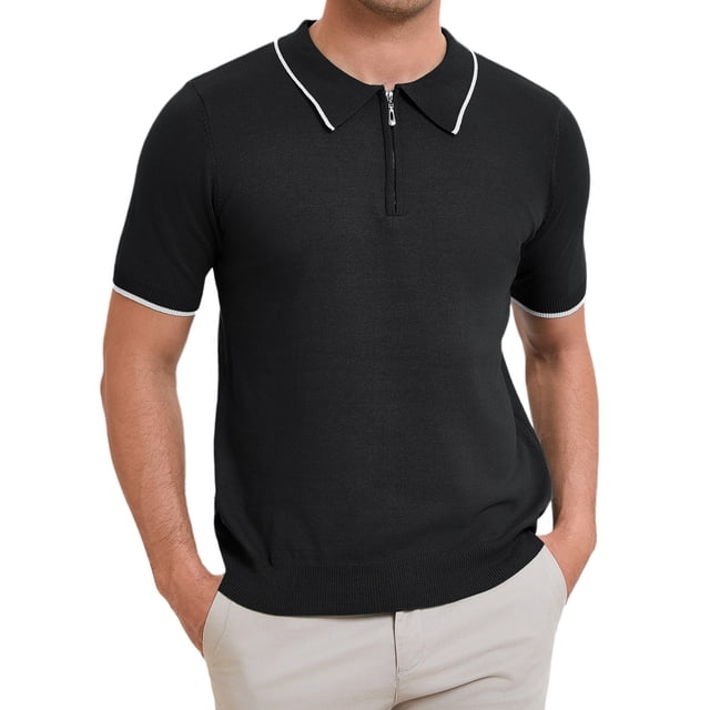 CAMISA POLO FORMAL PARA HOMBRE INSPIRE CHIC DÍA DEL PADRE, DE COLOR SÓLIDO, DE MANGA CORTA, CON CREMALLERA, AJUSTE SLIM, CLÁSICA, TALLA L, NEGRO