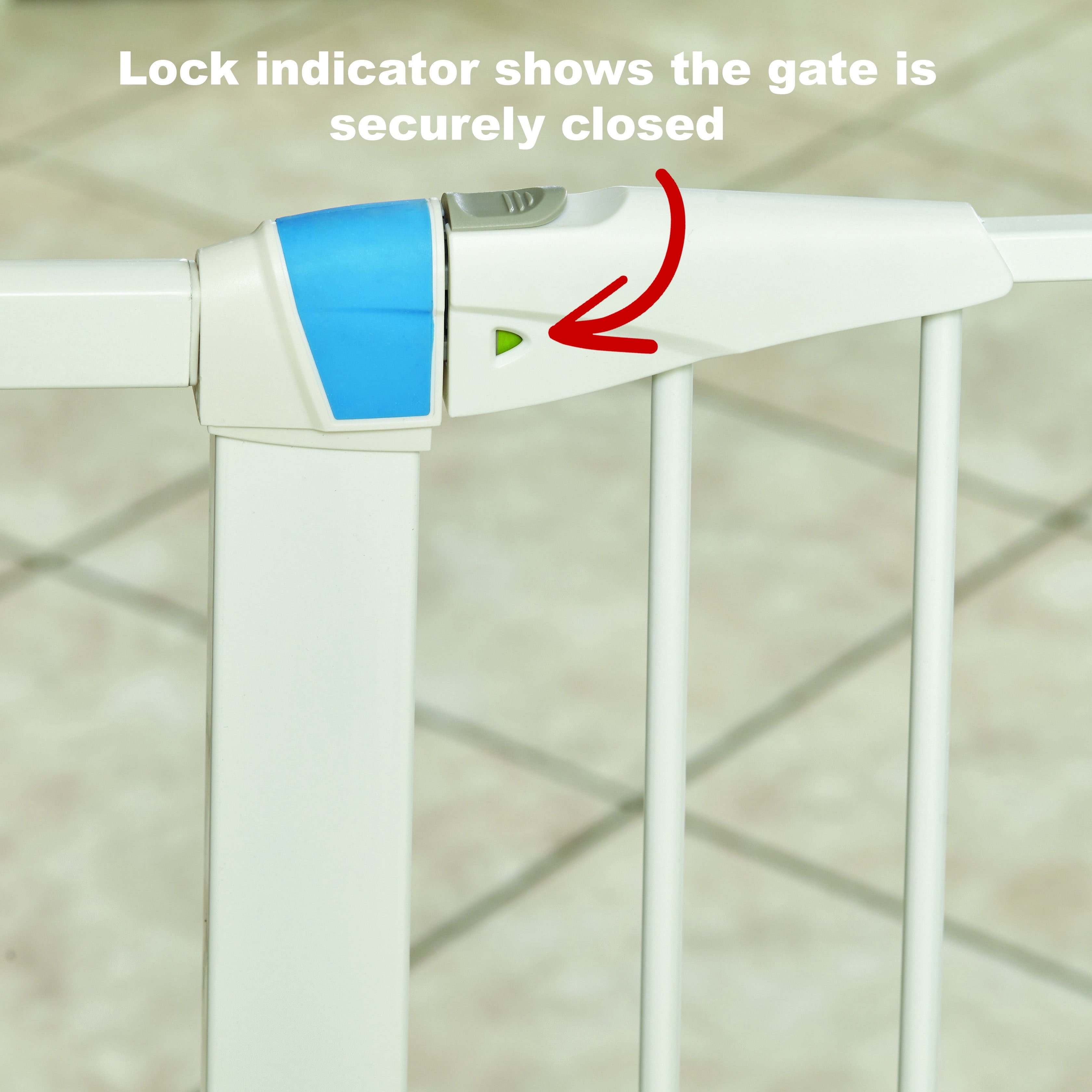 MidWest Homes for Pets 29 Inches Tall Walk-Though Steel Pet Gate, Pressure Mounted Dog Gate with Glow Strip Measures 29H x 29.5-38W Inches & Includes Two 3-Inch-Wide Extensions, White