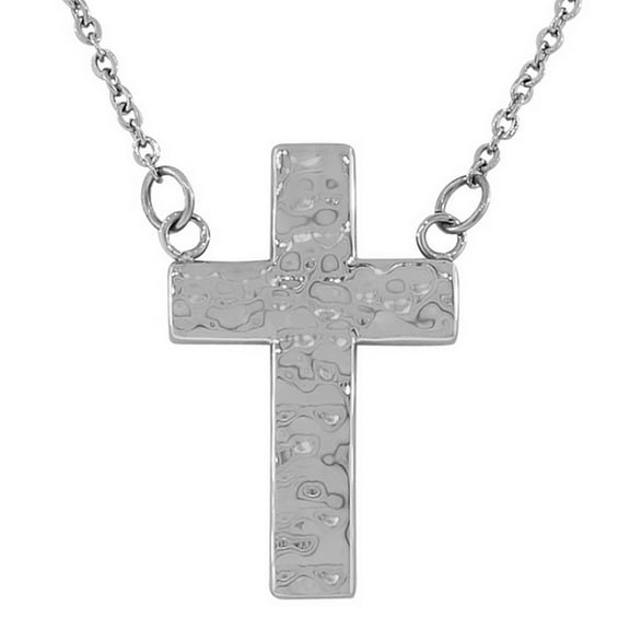 Stainless Steel Silver-Tone Hammered Finish Cross Pendant Necklace