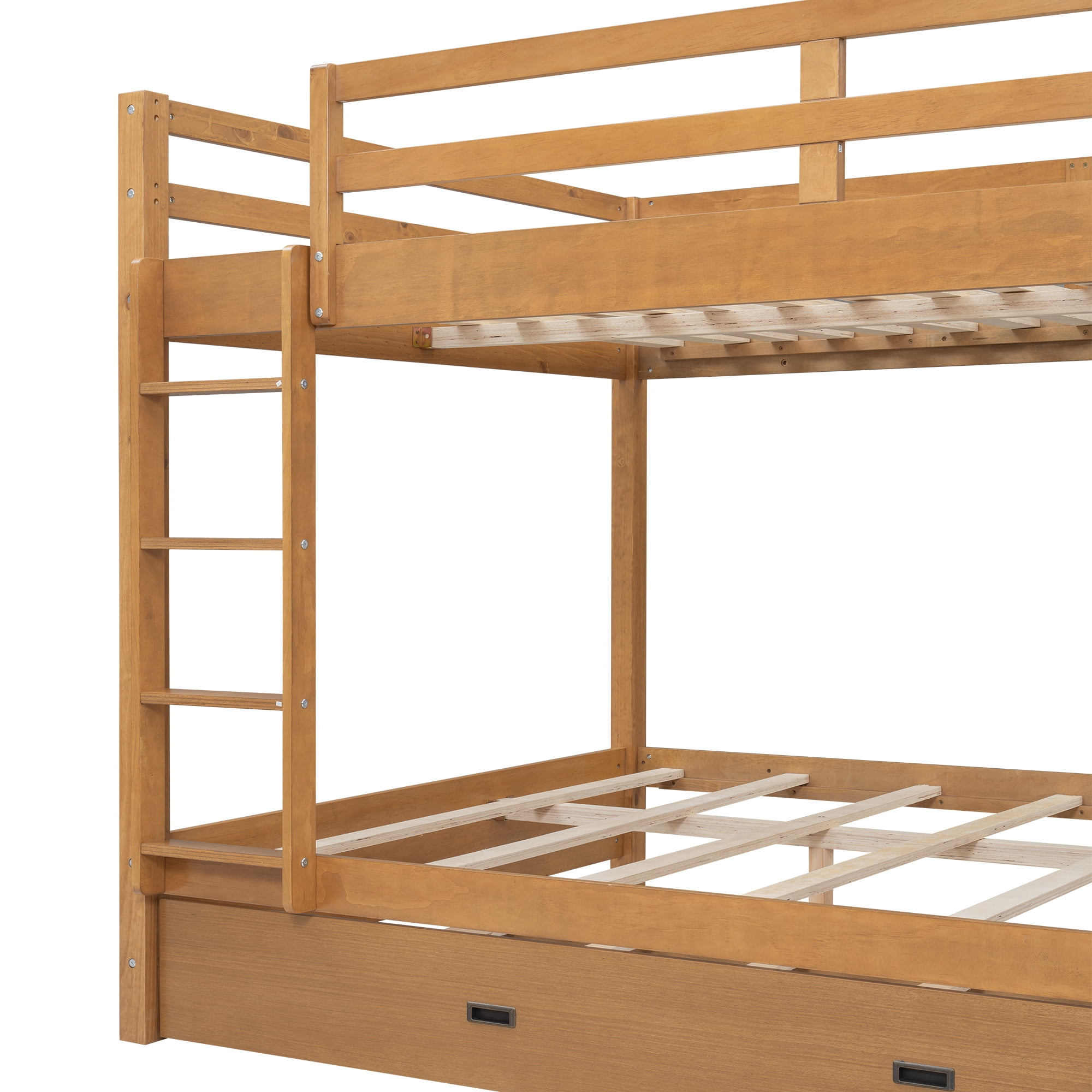 EUROCO Queen over Queen Size Bunk Bed with Trundle for Kids Teens Adults, Wood Color