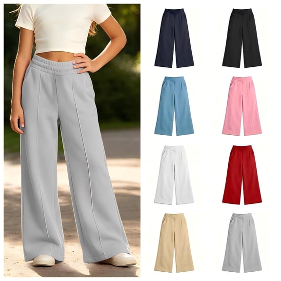 CBASIHI Girls Winter Wide Leg Sweatpants with Pockets Casual Workout Elastic Waist Thickened Fleece Warm Up Baggy Pants Gray 5 T- 14 T