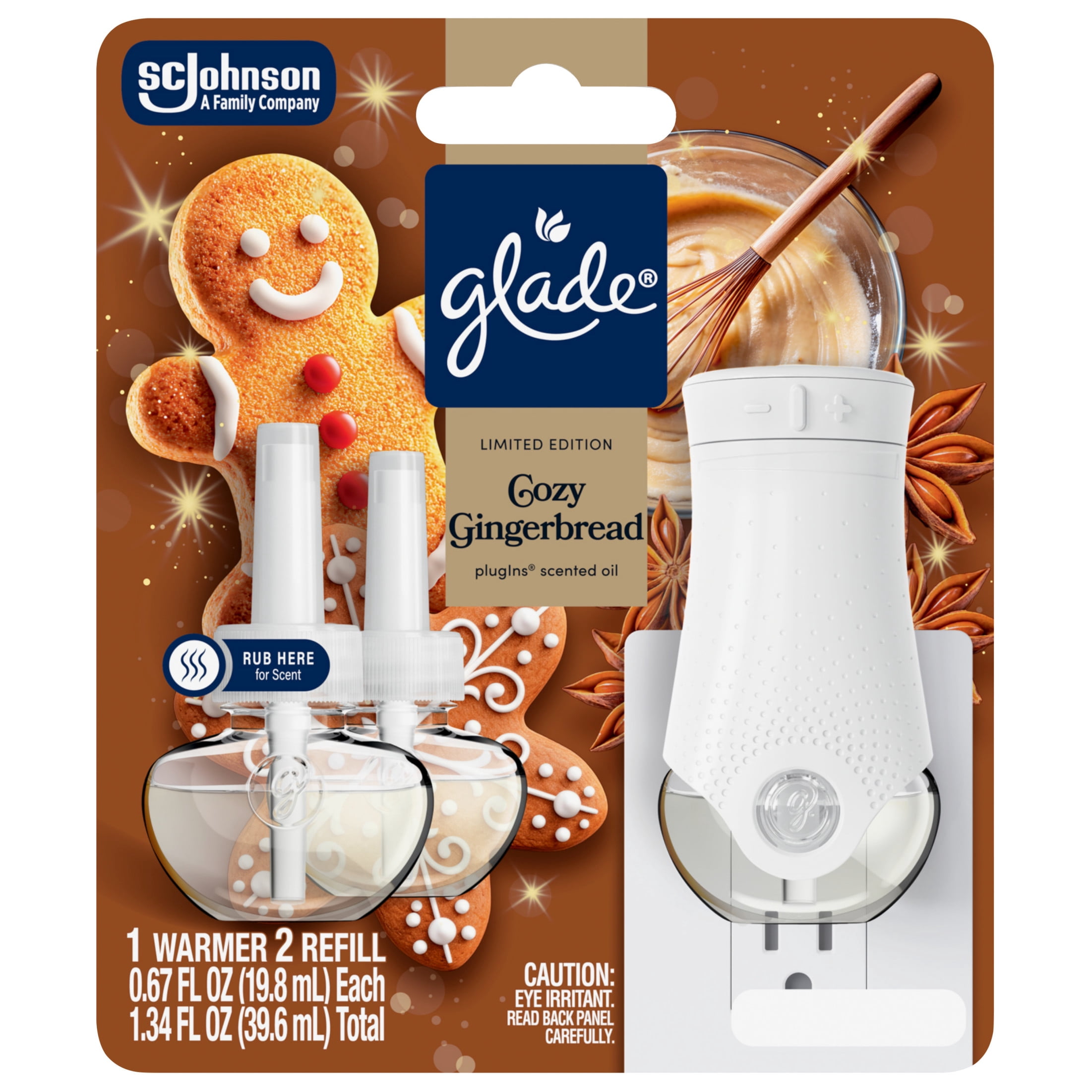 Glade® PlugIns® Starter Kit, Air Freshener, Cozy Gingerbread, 1.34 fl oz, 1 Warmer + 2 Refills